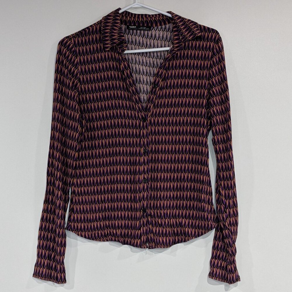 Pull & Bear Patterned Button Down Shirt Orange Purple Black Size Medium